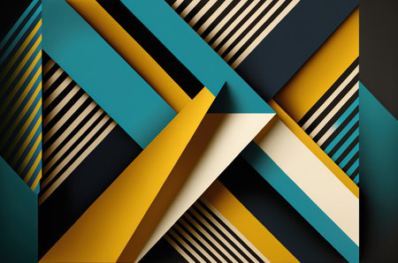 Geometric background. Stripes design. Graphic art. Teal blue yellow white black color block layers contrast asymmetric lines angle decorative pattern abstract illustration.の素材