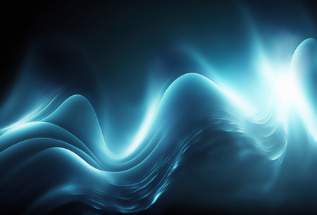 Light trail. Glowing wave. Curve flare. Defocused blue color fluorescent twisted radiance veil futuristic design on dark black abstract art illustration background.の素材