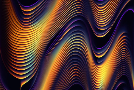 Holographic wave. Neon background. Ripple texture. Glowing yellow blue purple color gradient curve decorative design on dark black abstract art illustration.の素材