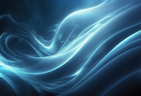 Glowing wave. Smoke veil. Blue color neon light transparent twisted curve layers decorative design on dark black abstract art illustration background.の素材