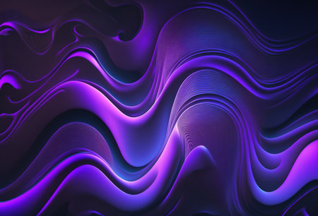 Neon wave abstract background. Ripple texture. Glowing fluorescent purple blue pink color gradient curve creative design on dark black art illustration.の素材