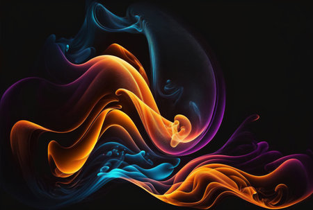Color smoke. Wave swirl. Glowing yellow purple blue neon light curve fog cloud decorative design on dark black abstract art illustration copy space background.の素材