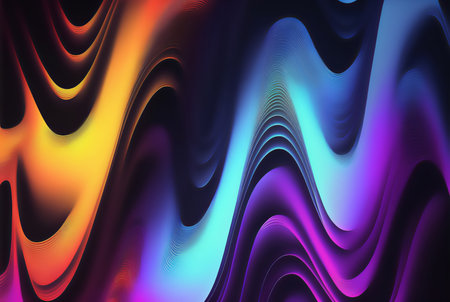 Neon wave abstract background. Ripple texture. Glowing fluorescent orange blue purple color gradient curve creative design on dark black art illustration.の素材