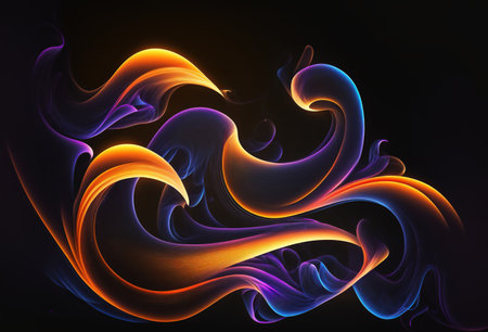 Glowing swirl. Smoke curve. Neon flare. Orange blue purple color light twisted gas flame curl wave creative design on dark black abstract art illustration background.の素材