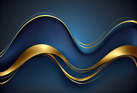 Wave ornament abstract background. Golden blue color gradient glowing curl curve layers design geometric ripple texture graphic art illustration.の素材