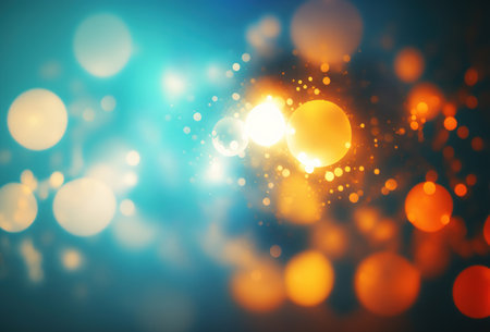 Bokeh circles. Defocused light overlay. Blur blue yellow red color gradient glowing bubbles on dark black art illustration abstract background.の素材