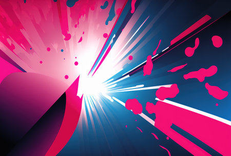 Graphic rays geometric background. Neon pink blue purple white color glowing lines light beam design creative abstract art illustration.の素材