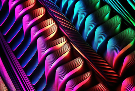Neon graphic abstract background. Bright magenta pink blue green color gradient glowing ribbed texture twisted curve wave shape art illustration.の素材