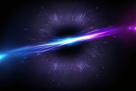 Neon rays. Blur light motion. Cosmic flare. Defocused fluorescent blue purple color glowing flash beams sparks radiance on dark black futuristic art illustration abstract background.の素材