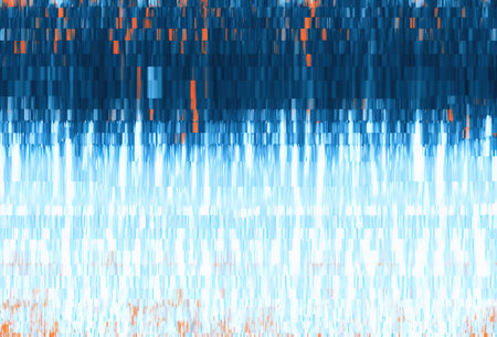 Color glitch texture. Noise background. Cyan blue orange color glowing pixel distortion artifacts design abstract art illustration.の素材