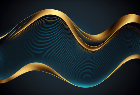 Metallic curve. Wave design. Golden blue color shiny curl flow ribbed texture decorative graphic art illustration abstract background.の素材