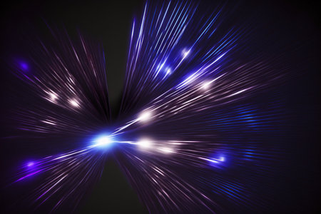 Neon rays. Blur light. Defocused purple blue color glowing beams radiance flare motion on dark black futuristic art illustration abstract background.の素材