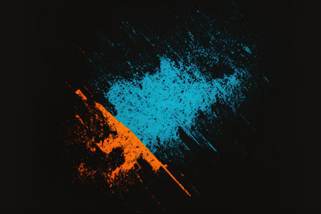 Grunge smudge. Paint stain. Blue orange color ink splatter strokes design on dark black surface grain texture creative art illustration abstract background.の素材