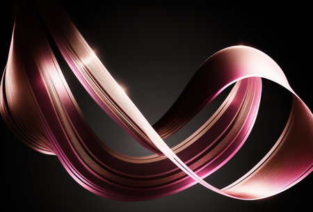 Wave ornament. Silk ribbon strip. Pink color gradient glowing curve design twisted veil geometric lines graphic on dark black art illustration abstract background.の素材