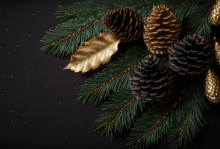 Pine composition. Christmas decor. Green fir tree sprig golden cone leaf arrangement on dark black night art illustration abstract background.の素材