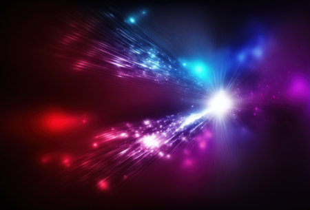 Blur disco rays. Neon light motion. Defocused fluorescent red purple blue color glowing spotlight sparks beams flare trail on dark black art illustration abstract background.の素材