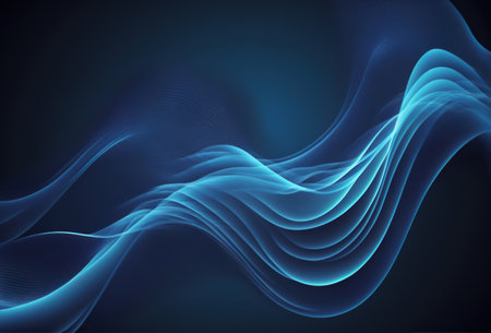 Light wave. Glowing curves. Defocused neon blue color curl lines motion geometric graphic design on dark black art illustration abstract background.の素材