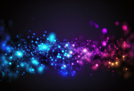 Bokeh light texture. Glowing neon circles. Defocused fluorescent blue pink purple color shiny round bubbles on dark black art illustration abstract background.の素材