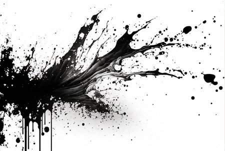 Paint splash. Black ink spatter. Dark dirt liquid drop drip wave pattern on white surface grunge art illustration abstract background.の素材