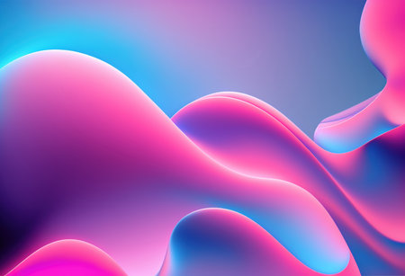 Neon wave. Fluid splash. Fluorescent purple pink blue color gradient glow curves layers graphic art illustration abstract background.の素材