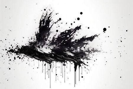 Ink splash. Dirt splatter. Grunge artwork. Black paint spill drop drip blotch mess on white paper art illustration abstract background.の素材