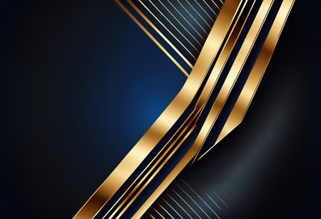 Geometric graphic abstract background. Golden blue color glowing metallic diagonal lines asymmetric ribbed texture art illustration with copy space.の素材
