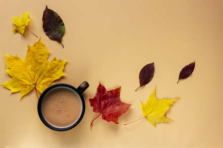 A cup of cocoa and autumn leaves on a beige background, top view. Copy space.
