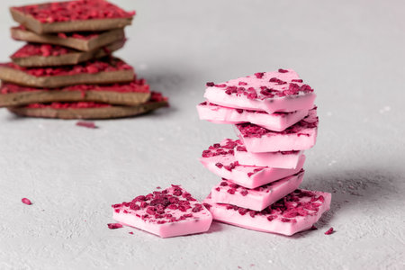 Pieces of fashionable pink and milk chocolate with pieces of berries and fruits lie on top of each....