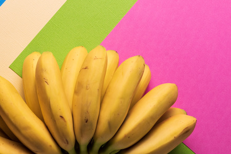 Minimalism style. Food background with ripe yellow banana fruit on colored pastel  paper.の写真素材