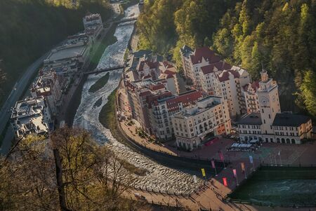 Aerial  view from the gondola (cable car) on Rosa Khutor resort, Krasnaya Polyana, Sochi, Russia.のeditorial素材