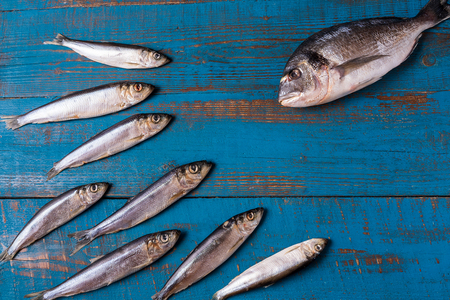 Rustic style. Fish pattern. Herring fish and sea bass fish on an old blue wooden background, flat lay, copy space.の写真素材