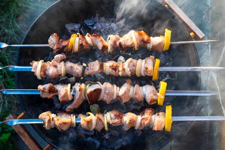 Hot Pork barbecue preparing on grill with spices , outdoors.の写真素材