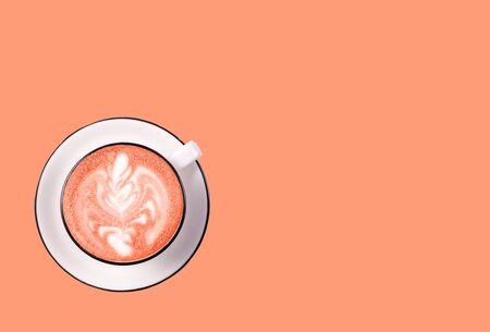 Cup of coffee latte art toned to trendy living coral color, copy space for text.