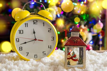 Christmas and New year concept. Christmas and new year decorations over fesrive new year tree background.の写真素材