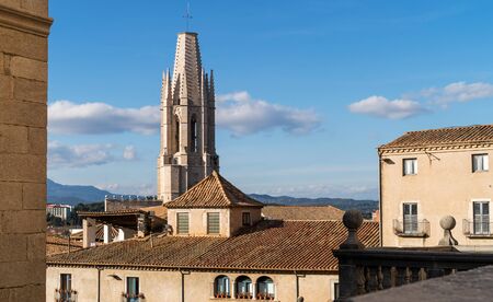Landscape of medieval town Gerona with bell tower of Santa Maria cathedralの写真素材