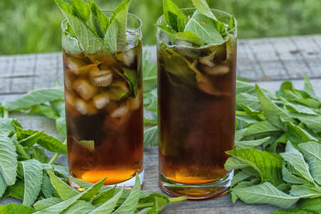 Cold iced tea with mint leaves and ice in tall glasses on wooden table outdoor.
