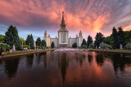 Moscow, Russia - June 15, 2020: the Moscow Lomonosov State University on golden hour.のeditorial素材