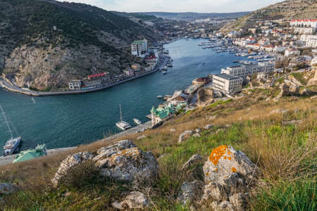 Sevastopol, Crimea, Russia - March 31,2018: View from the top of the hill on the beautiful Balaclava Bay.のeditorial素材