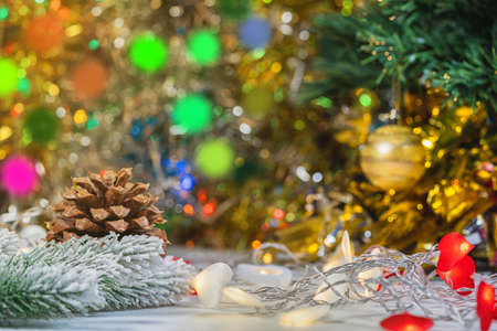 Christmas and new year decorations, cone and new year tree.