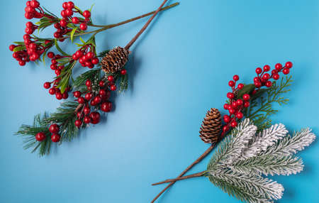 Festive Christmas and new year decorations on blue background. Christmas concept.の写真素材