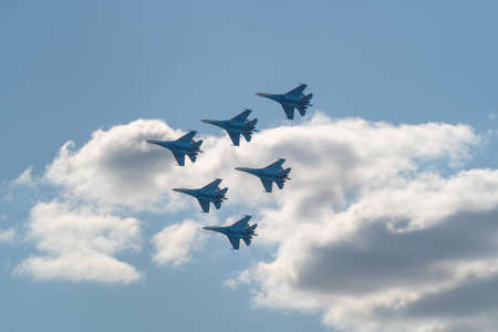 Zhukovsky, Russia-July 23, 2021: MAKS-2021 International Air Show, an exhibition of aircraft and helicopters. Modern Russian fighter jets in the sky.のeditorial素材