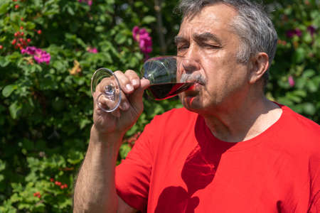 PPortrait of 70-year-old elderly man drinks red wine in the garden, summer day.