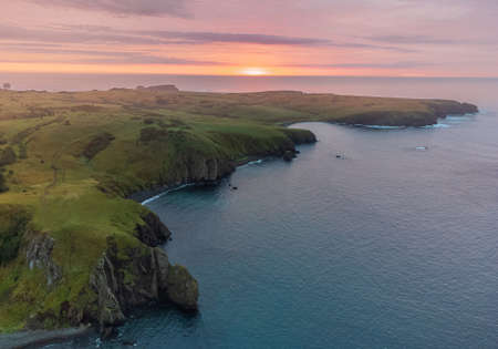 Sunrise Bird's-eye view of an unnamed bay on the island of Shikotan, Kuril Islands. Aerial view.の写真素材