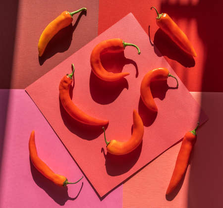 Flat lay Red fresh hot chili peppers with shadows on paper background.