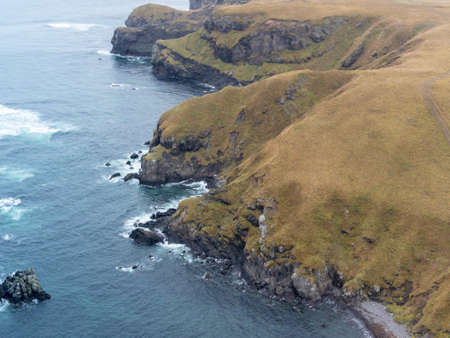 Aerial panoramic view the Nameless Bay on Shikotan Island, Kuril Islands, panoramic image.