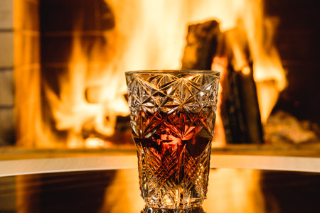 Glass of whiskey before a burning fireplace.の写真素材