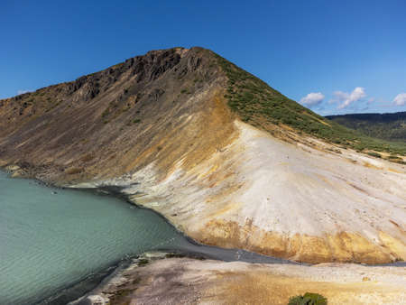 Panoramic image of the Boiling lake in caldera of Golovnin volcano on Kunashir Island, Kuril Islands, Russia. aerial view.の写真素材