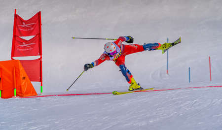 March 14, 2022, Mountain Air, Yuzhno-Sakhalinsk, Russia : skiers in the slopes of the skiing resort.のeditorial素材