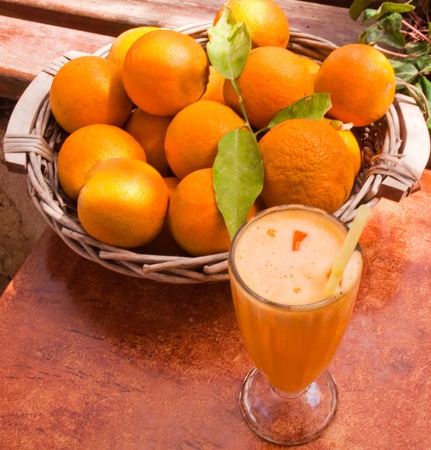 Basket of oranges and orange juice.の写真素材