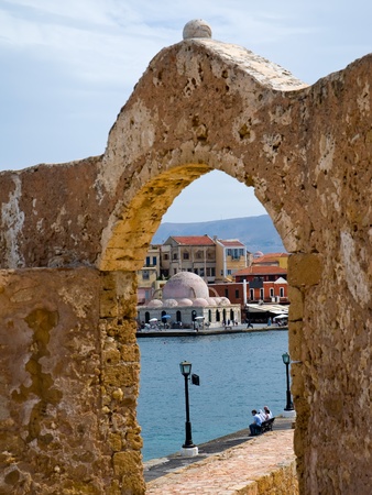 The view from the battlements of the old fortress on the sea and the harbor of Chania. Crete, Greece .の写真素材